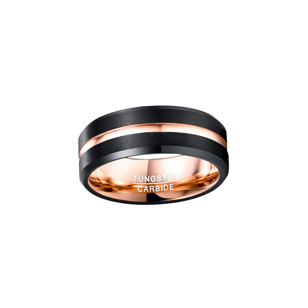 Freeform rings Tungsten Carbide Streak Black and Rose Gold  https://freeformrings.co.za/products/2019-8mm-wide-men-39-s-ring-tungsten-carbide-black-electroplated-rose-gold-matte-surface-with-grooved-angle-tungsten-steel-ring?_pos=9&_sid=36adba6e2&_ss=r&variant=39479516659808