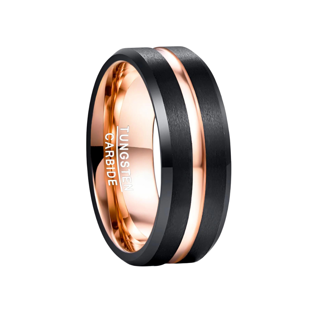 Freeform rings Tungsten Carbide Streak Black and Rose Gold  https://freeformrings.co.za/products/2019-8mm-wide-men-39-s-ring-tungsten-carbide-black-electroplated-rose-gold-matte-surface-with-grooved-angle-tungsten-steel-ring?_pos=9&_sid=36adba6e2&_ss=r&variant=39479516659808